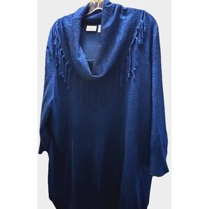 Kim Rogers 2X Women's Cowl Neck Fringe Top Plus Size Blue & Black Tunic EUC